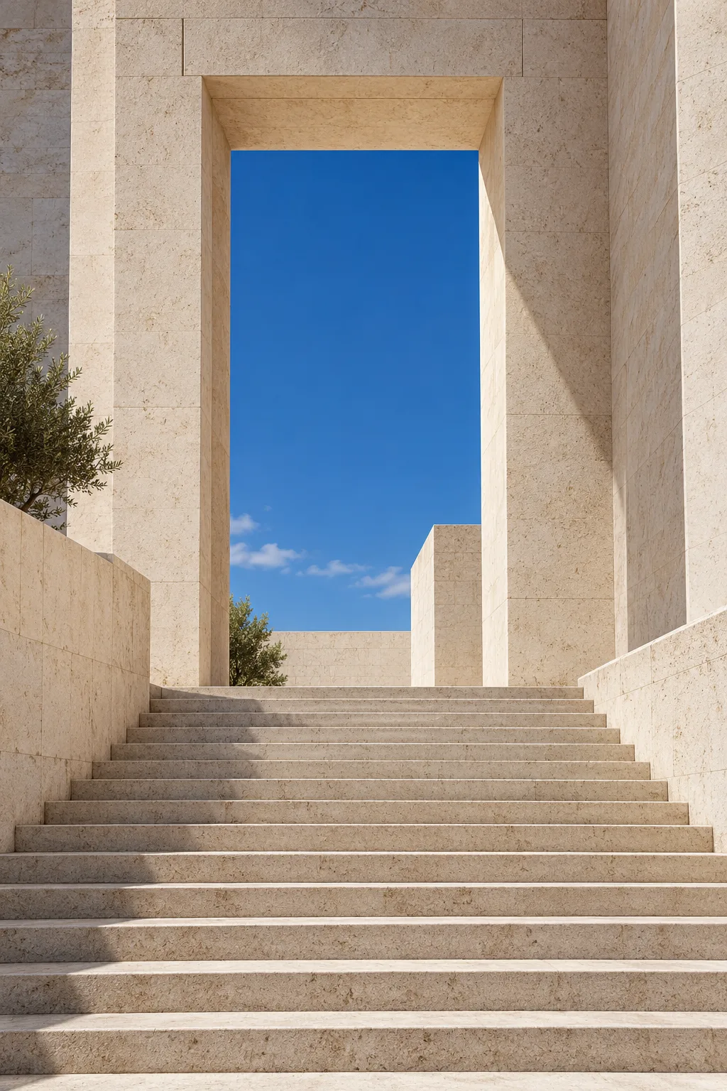 Original limestone doorway and stairs beneath cobalt sky; not an actual courthouse