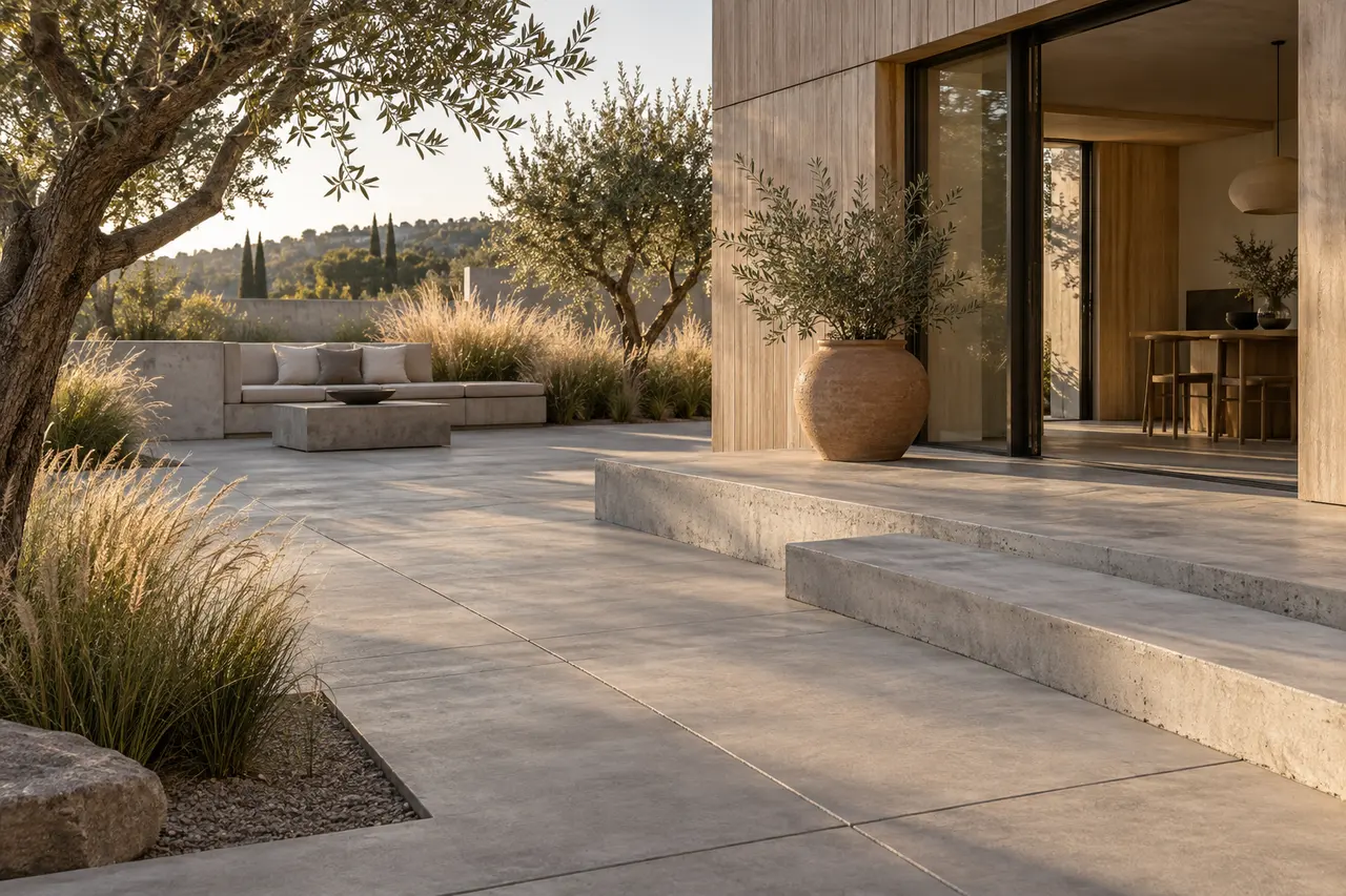 Original concept photograph of a poured concrete courtyard, low steps, timber facade and planting