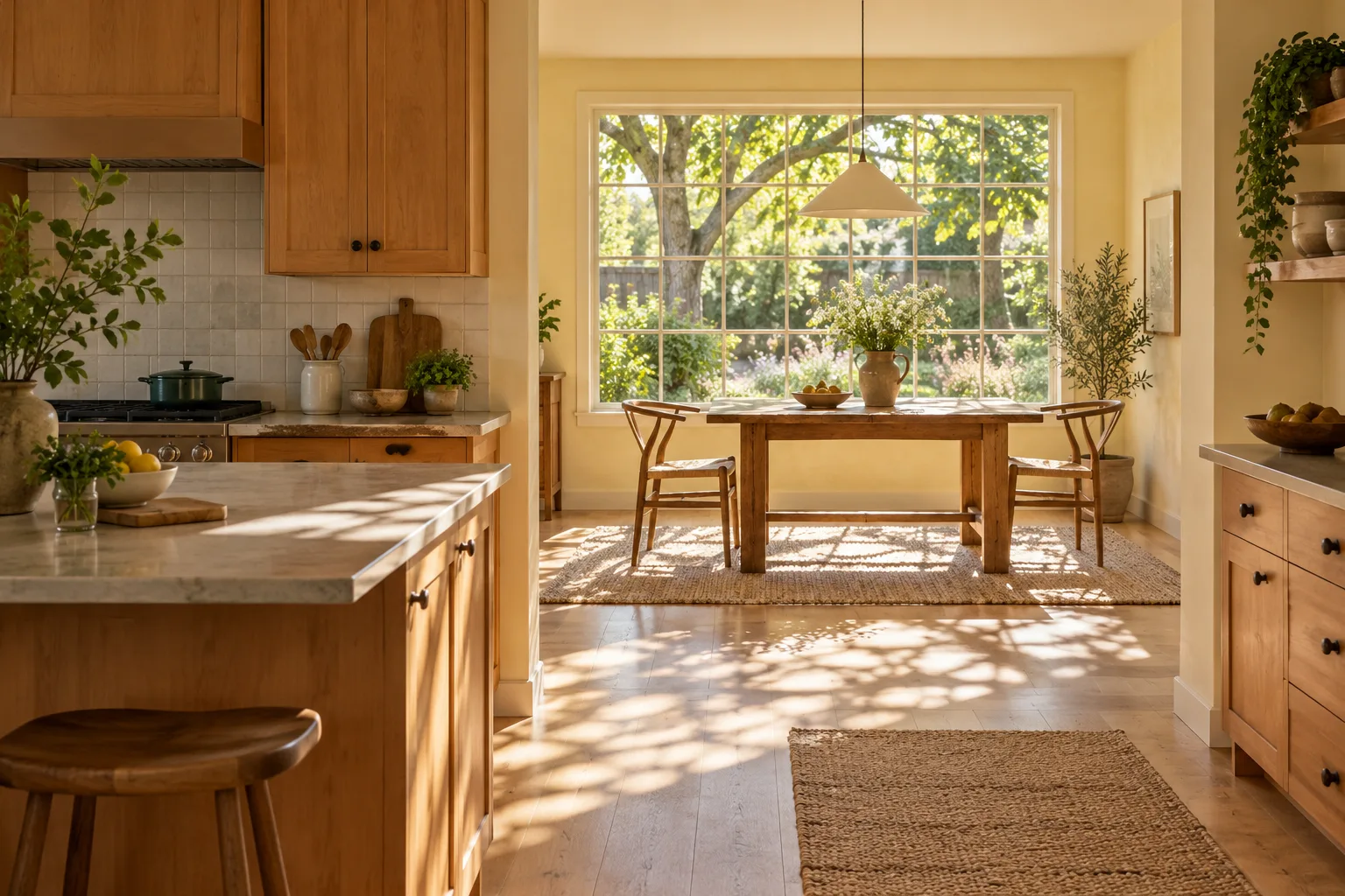 Original fictional warm maple kitchen and sunlit dining room