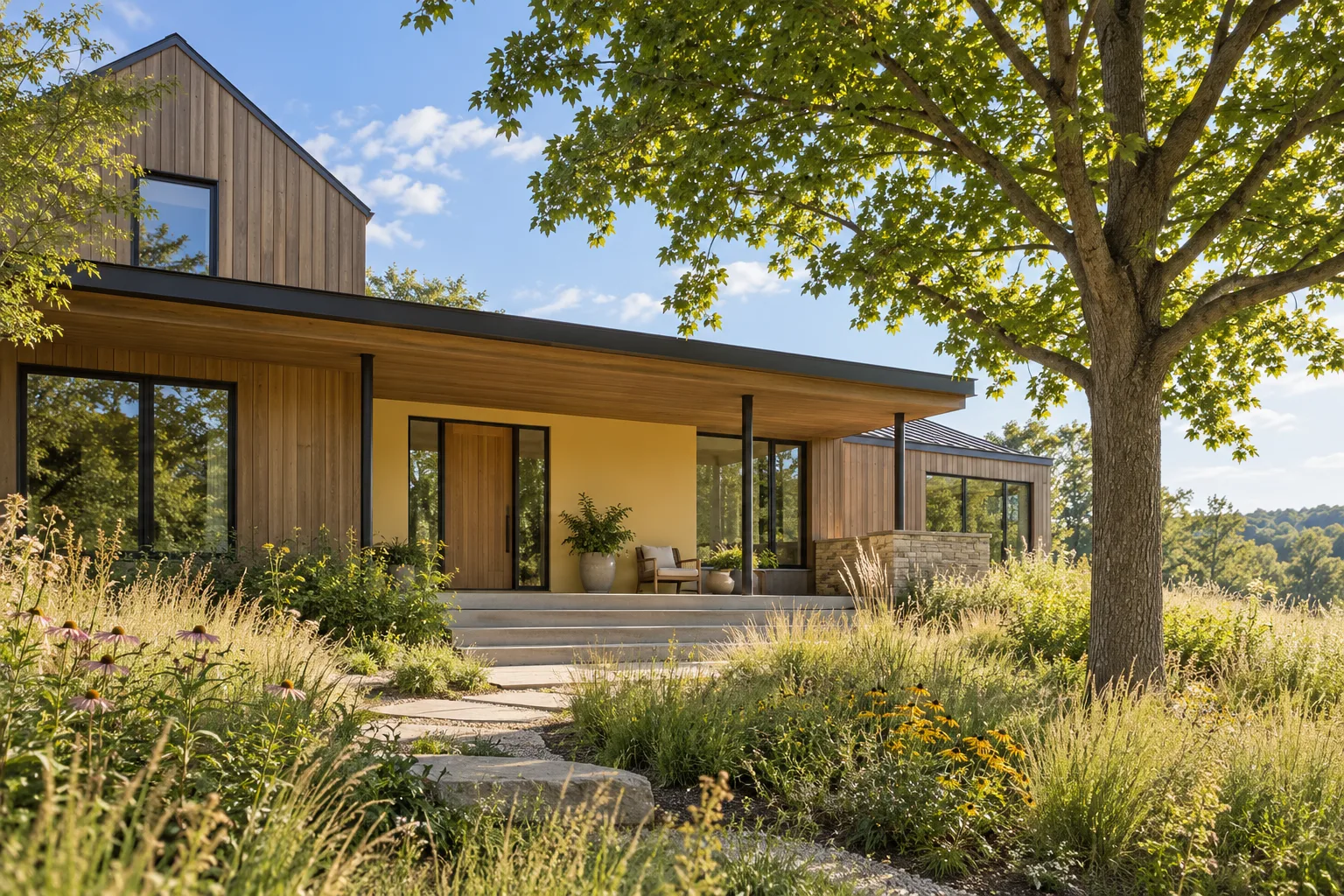 Original fictional cedar home and prairie garden architectural concept