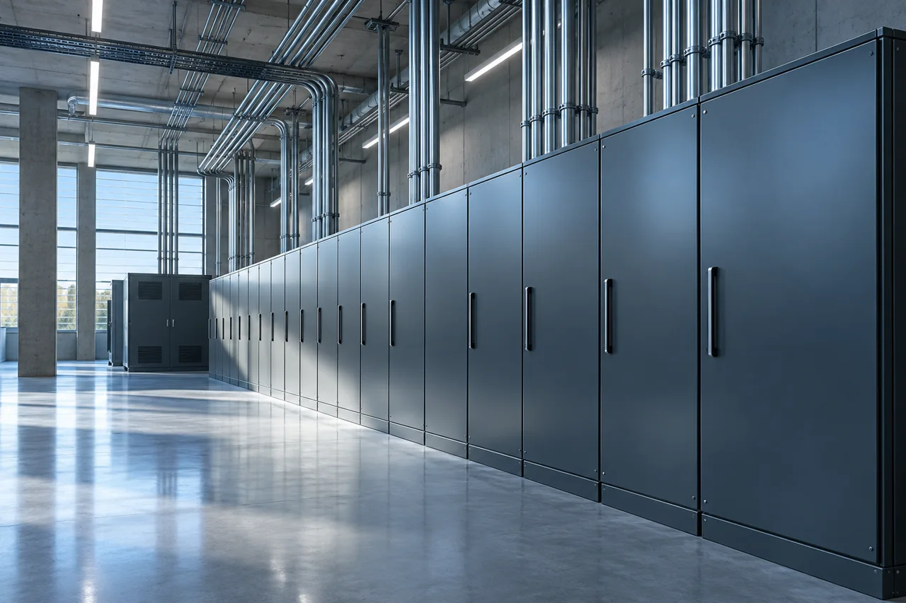 Original conceptual commercial plant room with closed electrical cabinets
