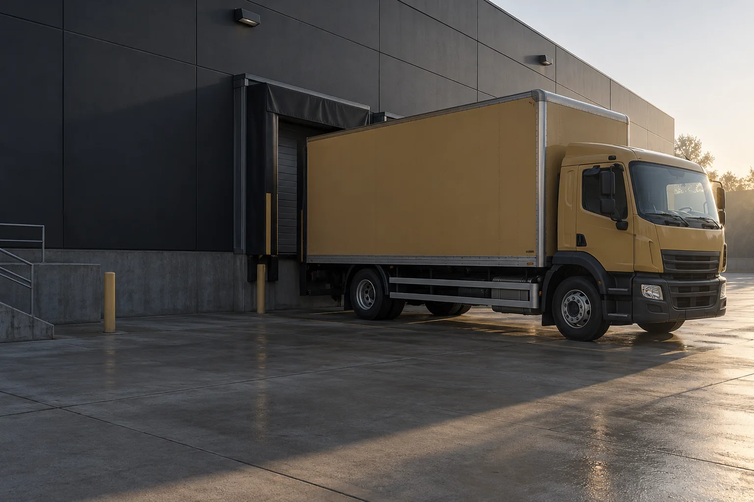Original fictional unbranded ochre truck at a commercial loading dock