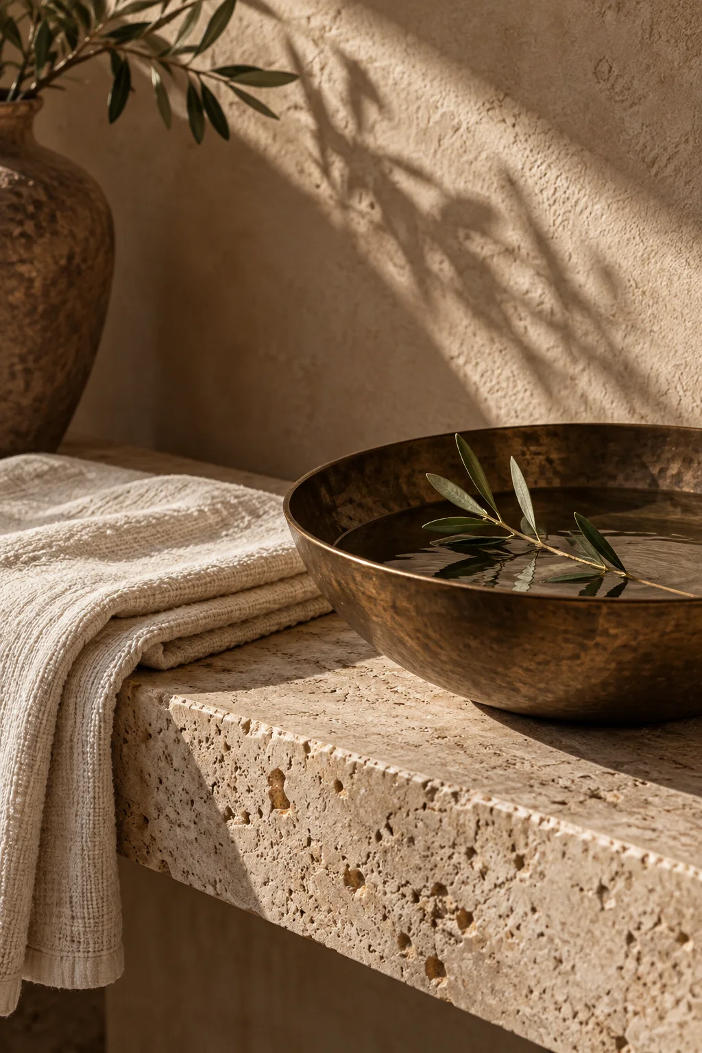 Concept still life of a folded linen towel and bronze water bowl on a sunlit travertine ledge