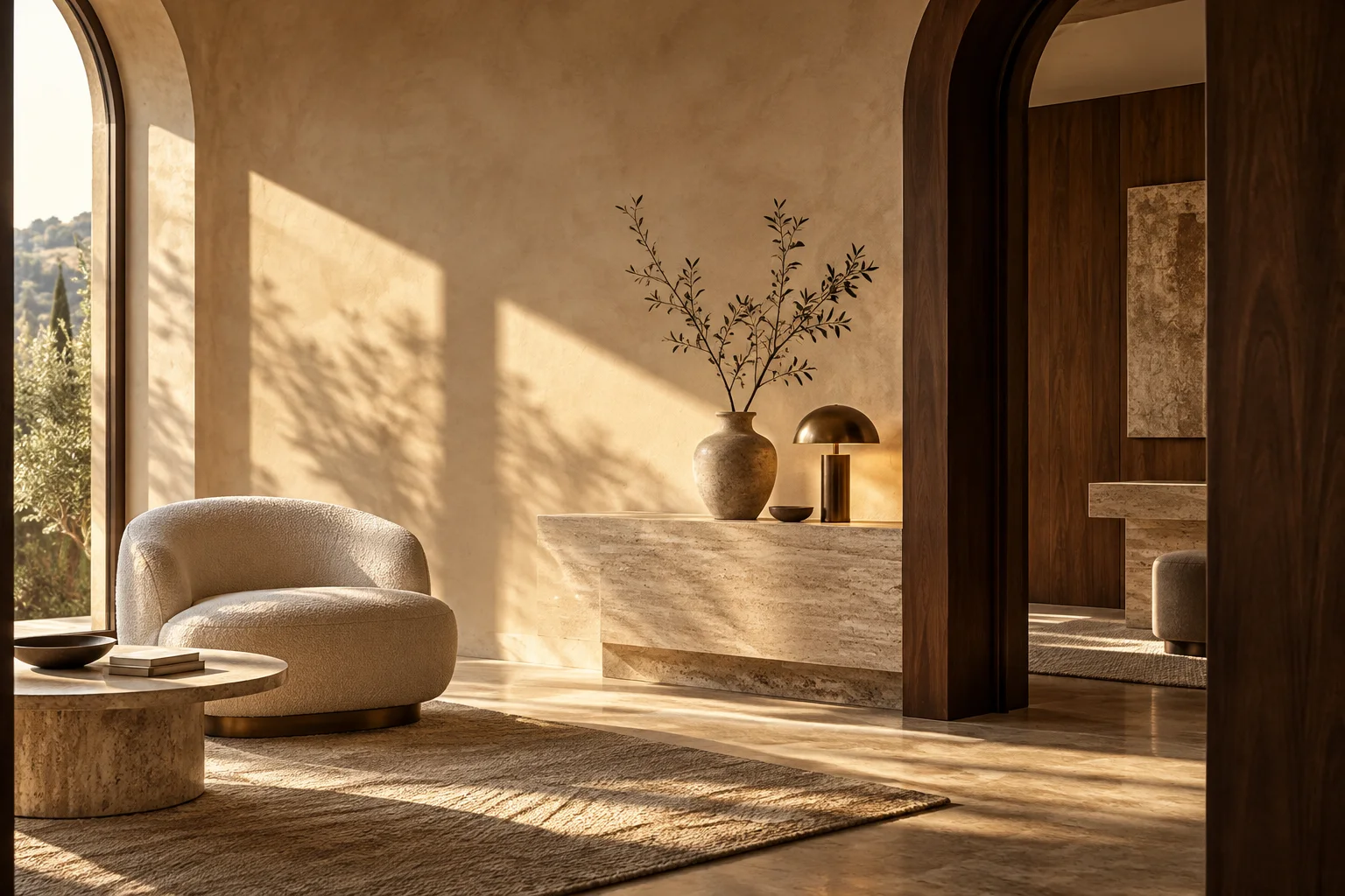 Concept image of a warm travertine lounge with walnut doorway and soft afternoon light