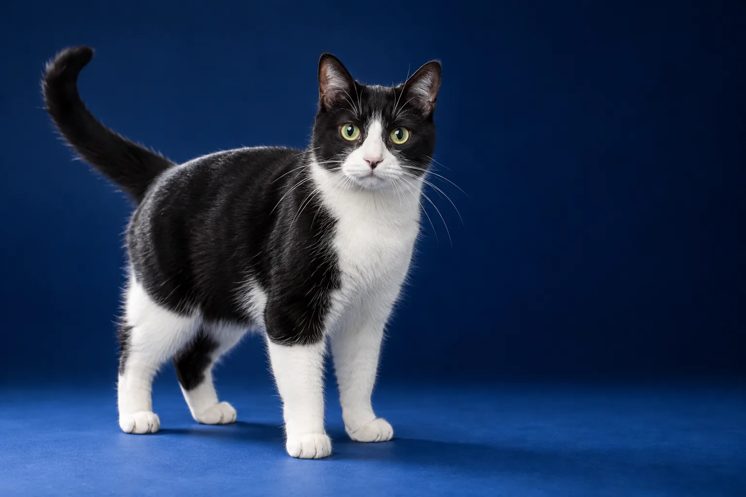 Original fictional black-and-white cat portrait against a deep blue backdrop; not an actual patient