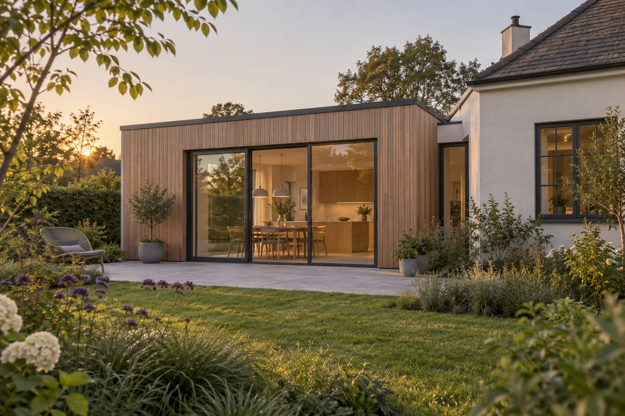 Original addition concept with cedar-clad extension, glazed doors and a small garden