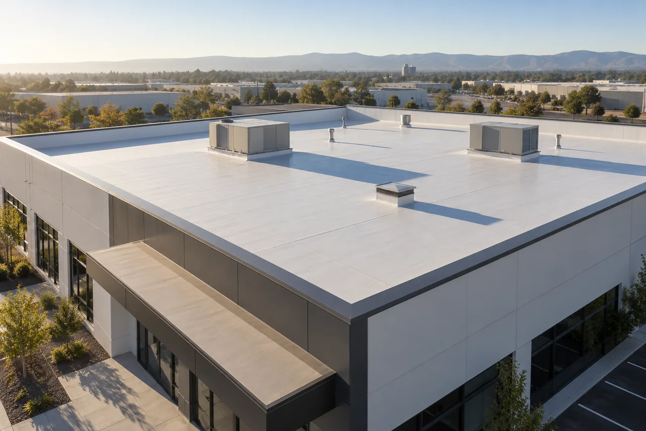 Original concept commercial flat rooftop with geometric roof structures and parapets