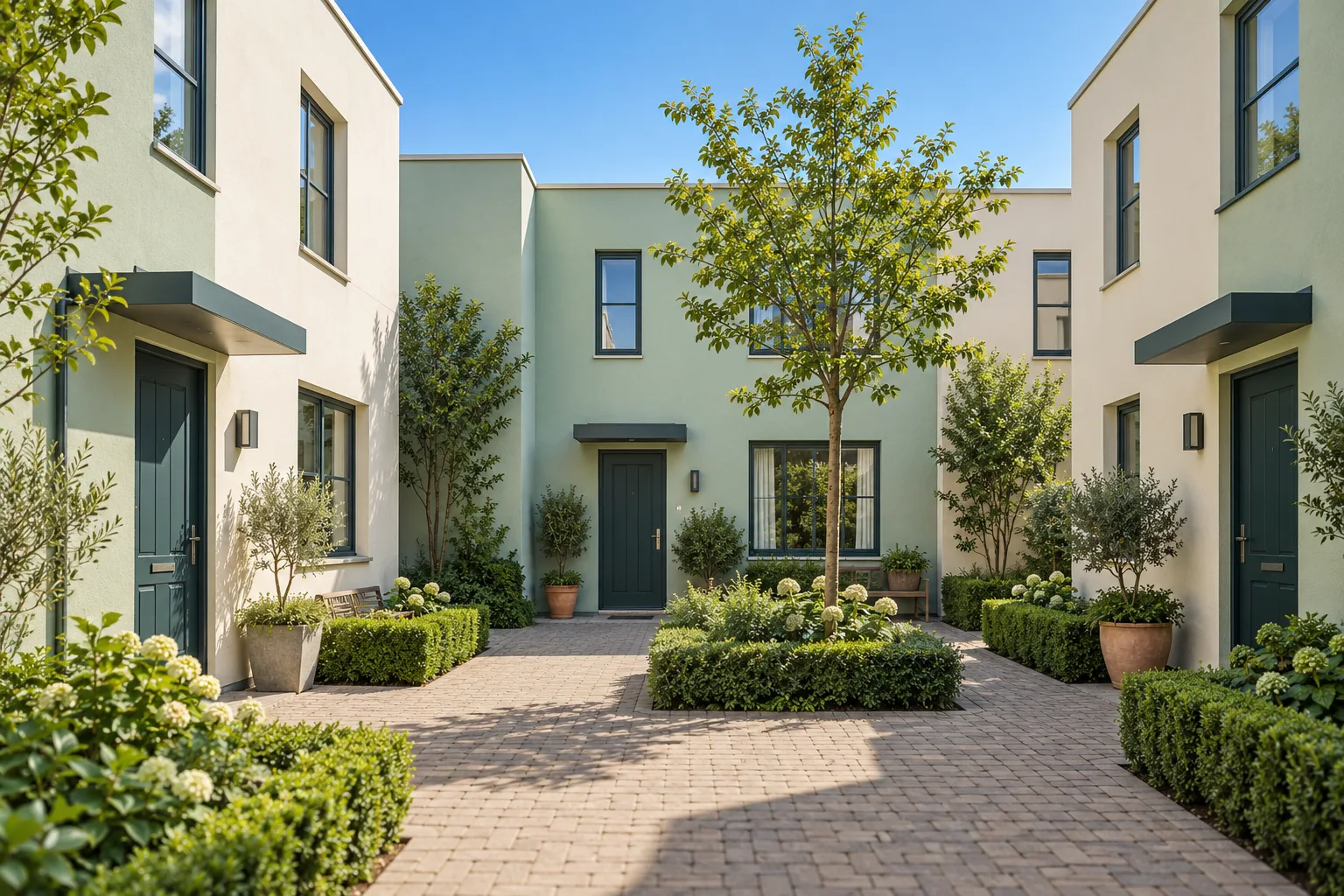 Original fictional mint-green townhouse courtyard