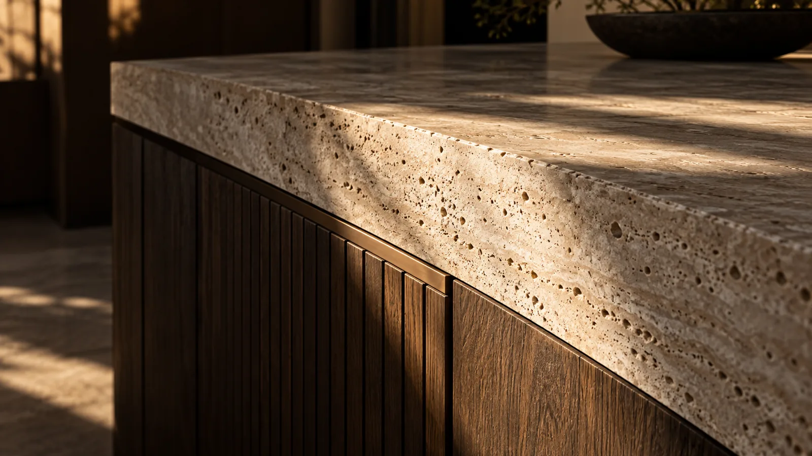 Travertine, oak and bronze close-up