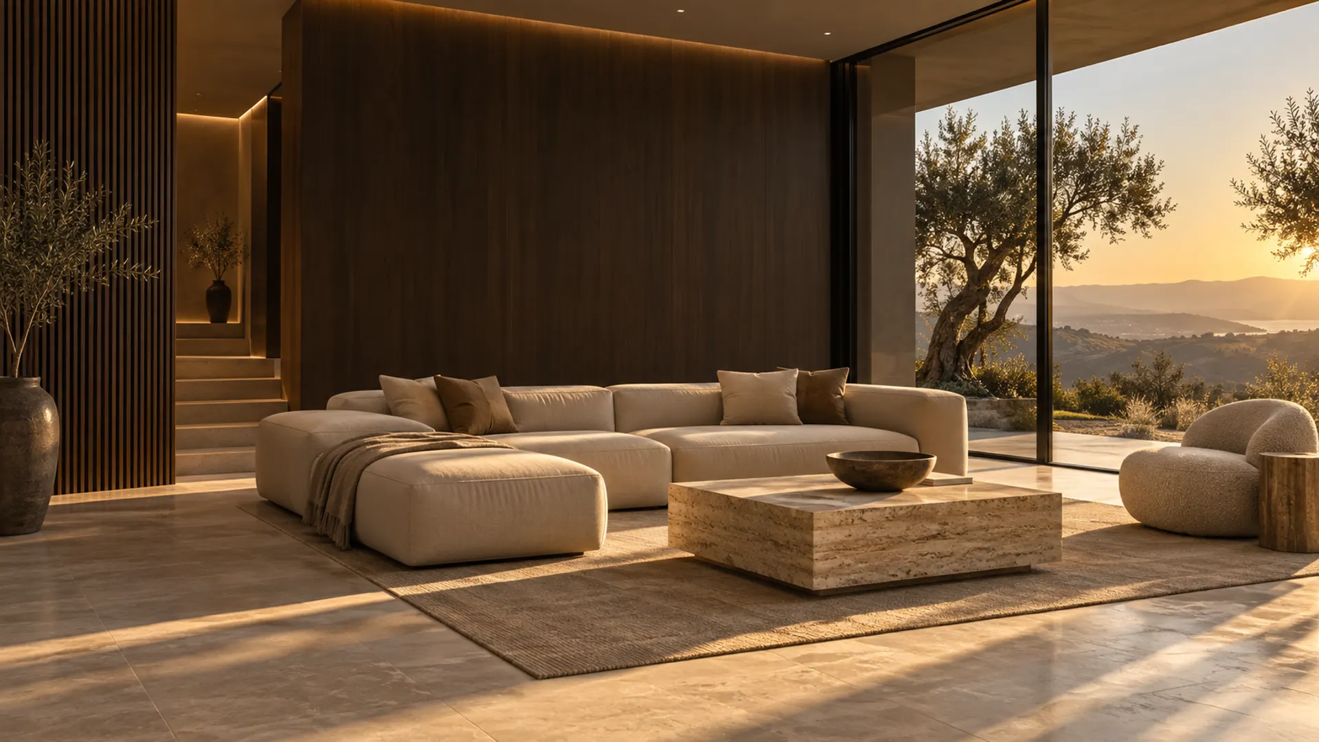 Light falling across a warm living room