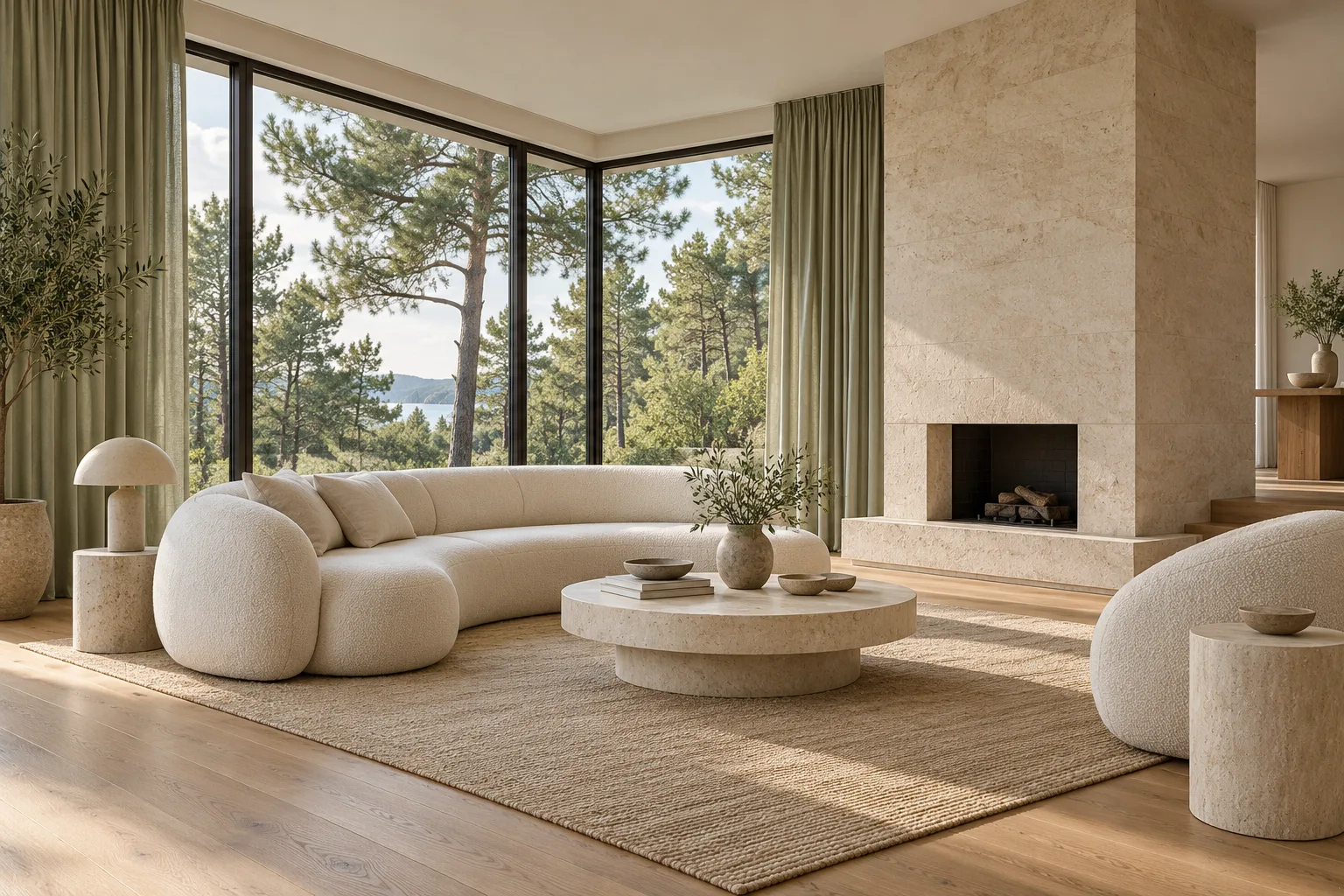 Original fictional limestone living room with sage curtains
