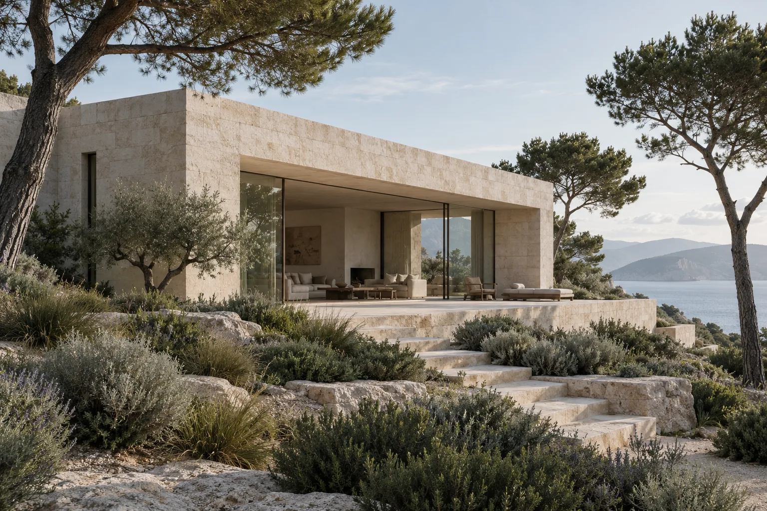 Original fictional limestone residence in a quiet coastal pine setting