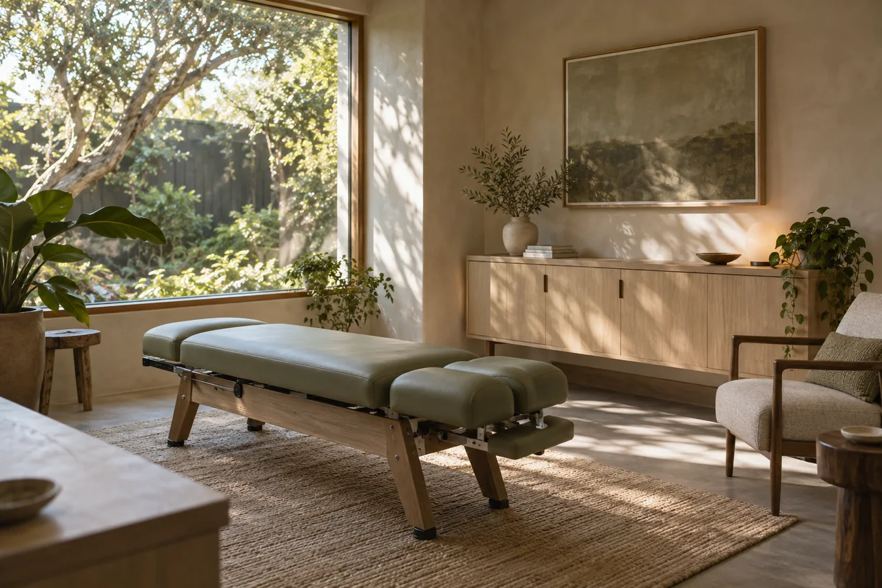 Original concept photograph of a sage chiropractic bench in a sunlit consultation room