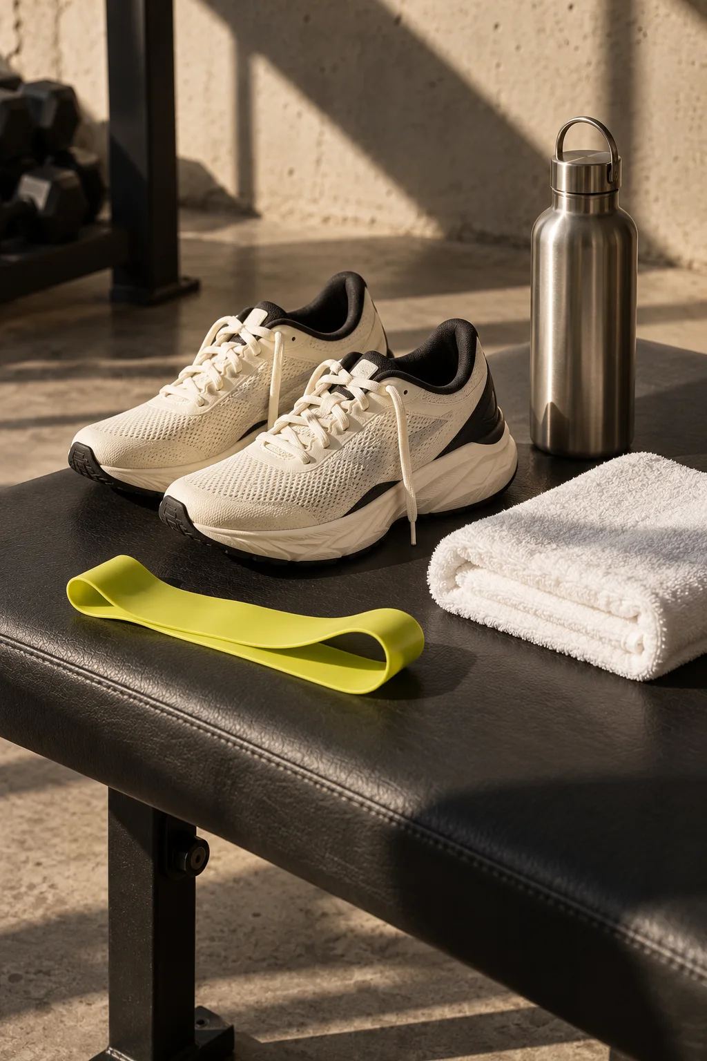 Original concept still life of unbranded running shoes, towel, bottle and yellow resistance loop