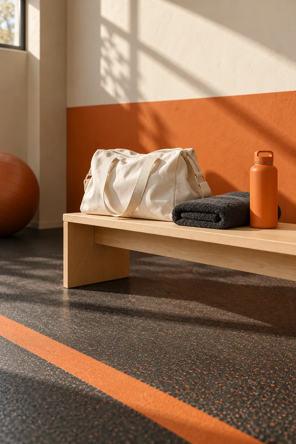 Original lifestyle still life of a white gym bag, towel and orange bottle on a timber bench