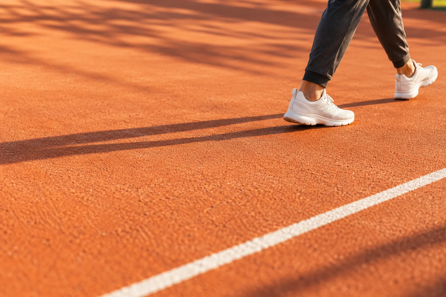 Concept image of fictional adult lower legs taking a walking step across an orange court; not a patient or treatment result