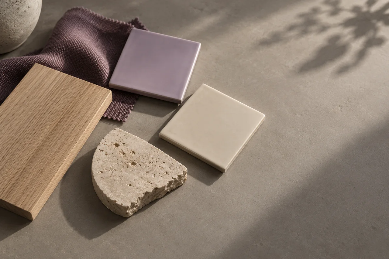 Original still life of unbranded lilac and cream tile, pale oak, plum fabric and limestone samples
