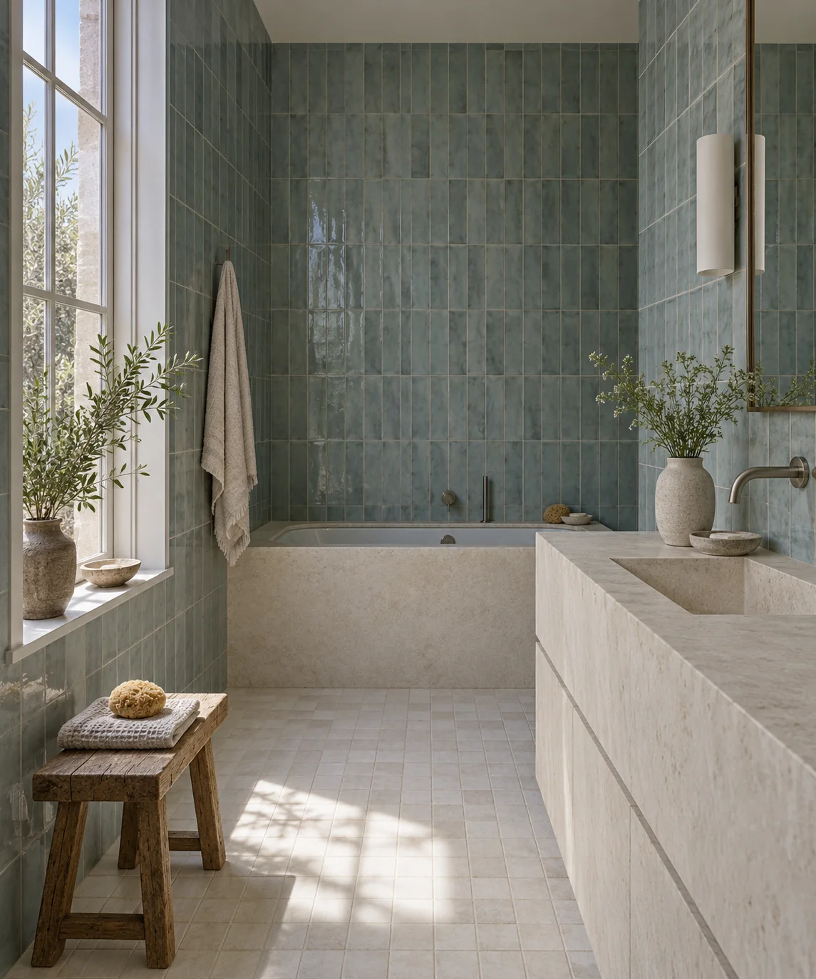 Original bathroom concept with blue-green stacked wall tiles, pale floor tiles and a limestone vanity