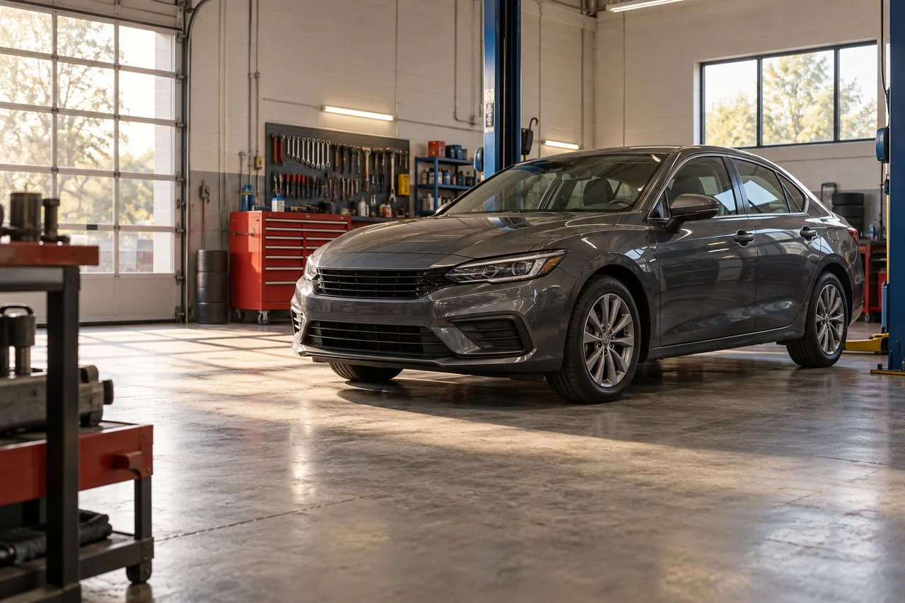 Original workshop concept with an unbranded graphite sedan at rest in a daylight service bay