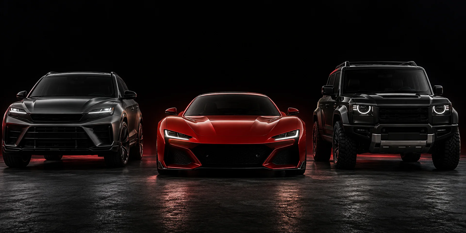Three fictional, unbranded vehicles in a dark studio