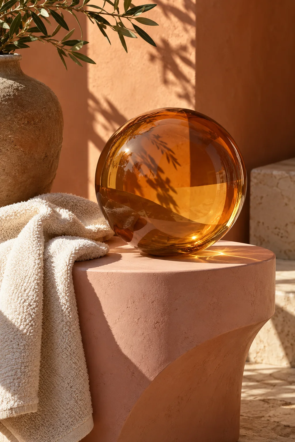 Concept still life of an amber glass sphere on a pale pink pedestal in warm sunlight