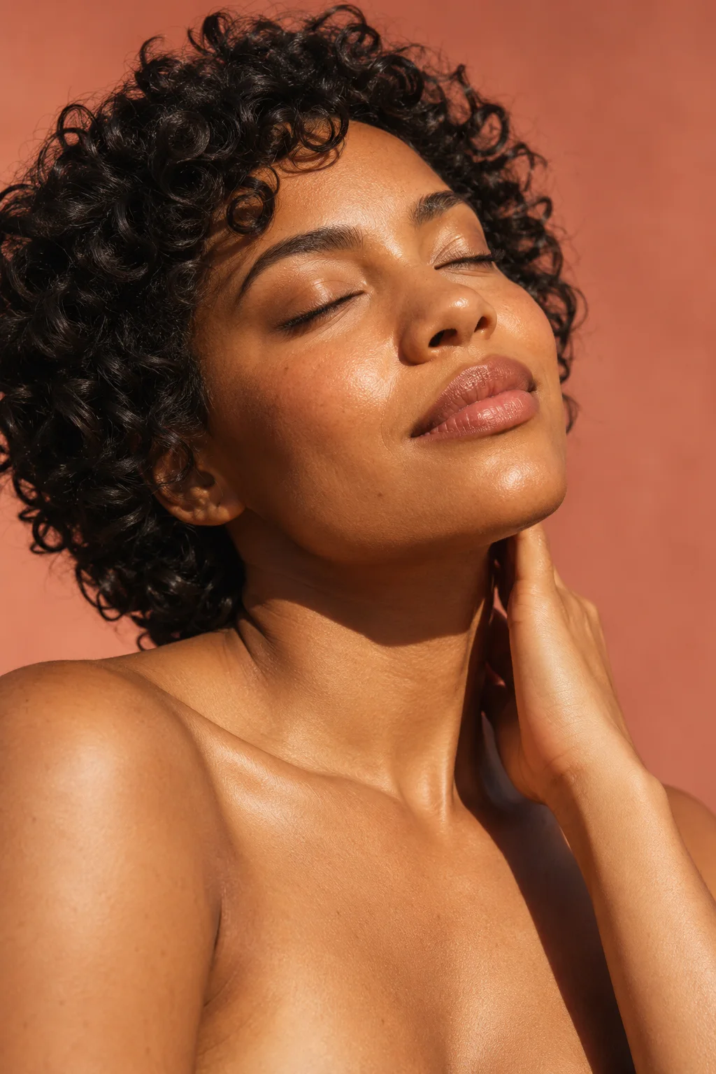Concept portrait of an adult with short curly hair turning toward warm light on a terracotta background