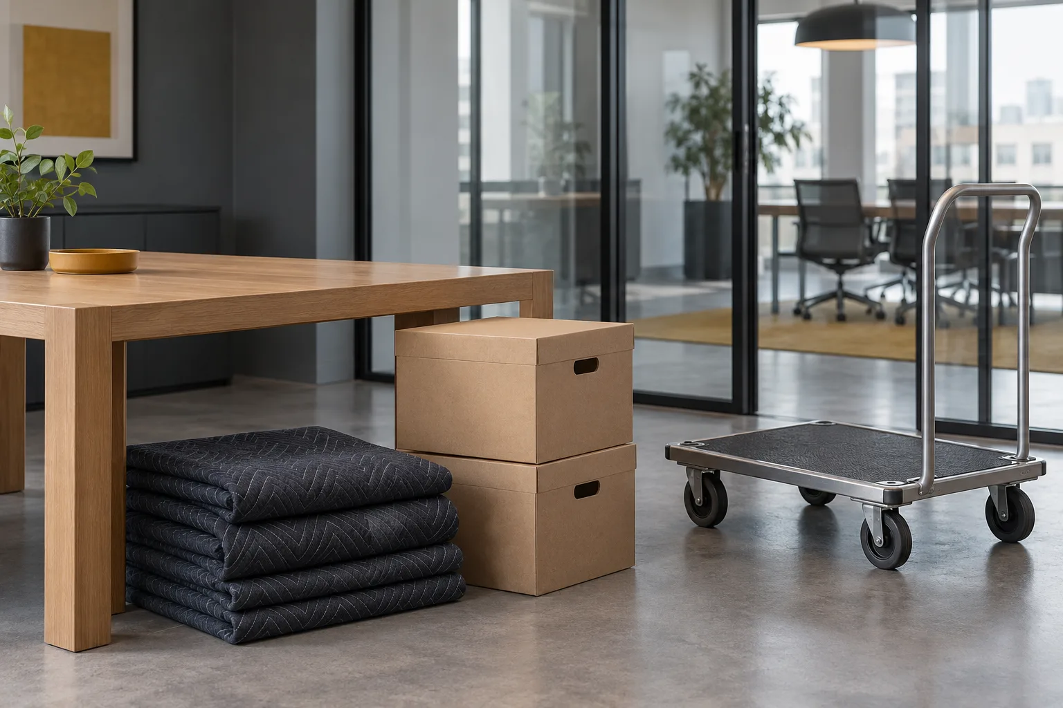 Original fictional office preparation with cartons and moving trolley