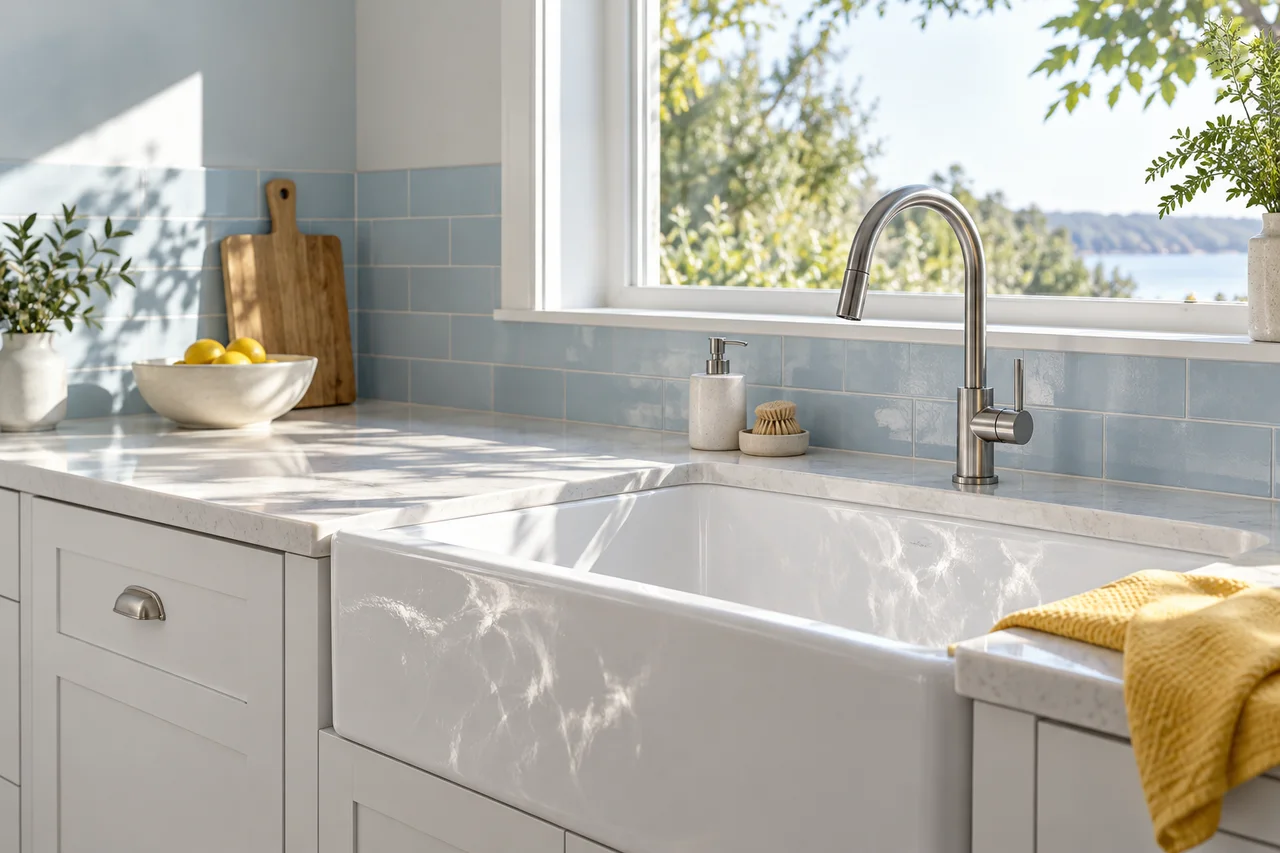 Original concept kitchen with a ceramic sink, steel tap and blue tiles